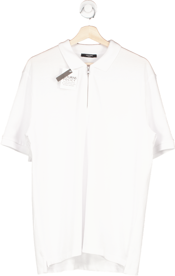 Jack & Jones White Zip Polo Shirt UK XL - Reliked