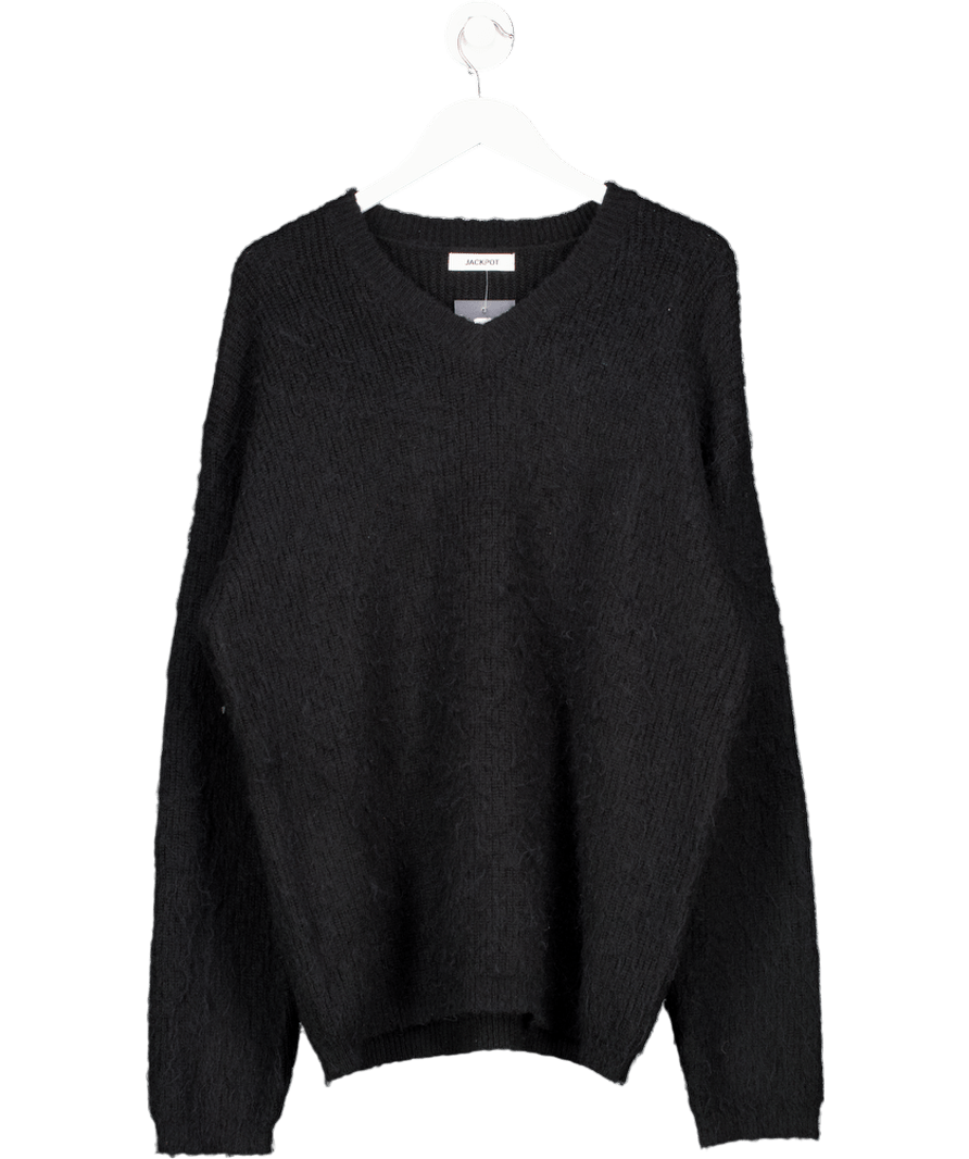 Jackpot Parallel V - neck Black Cherub Wool Jumper UK L - Reliked