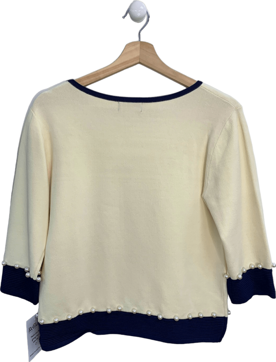 James Lakeland Cream and Navy Pearl - Embellished Jumper UK S - Reliked