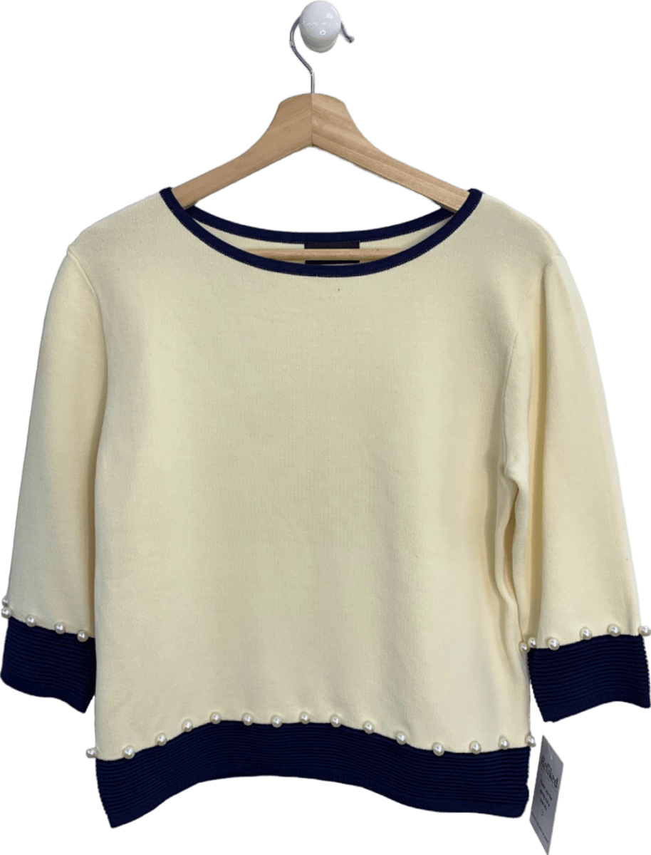 James Lakeland Cream and Navy Pearl - Embellished Jumper UK S - Reliked