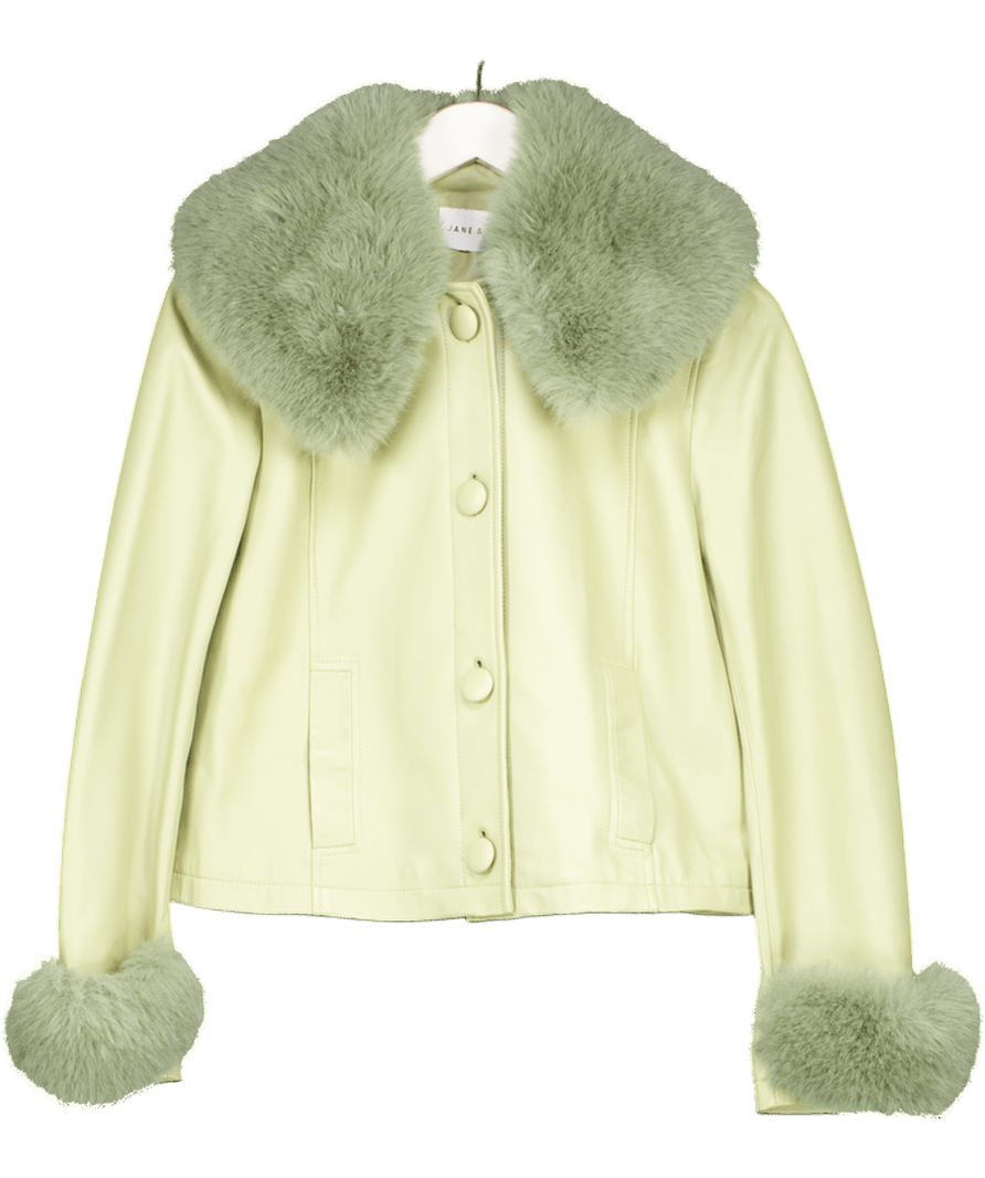 JANE & TASH Green Luxury Leather Jacket With Faux Fur Trim UK M - Reliked