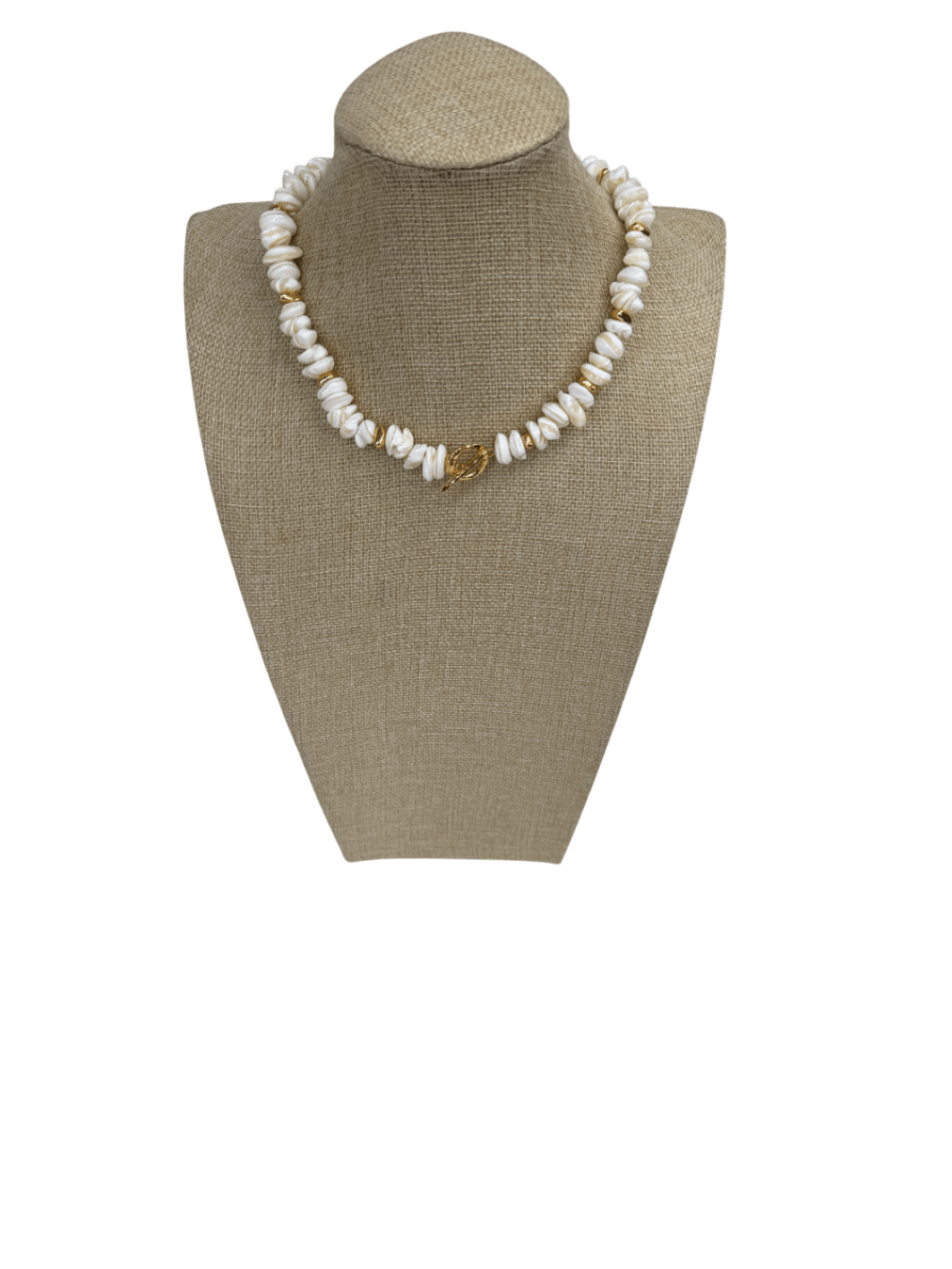 Jewells Cream 18kt Gold Plated Shell Beaded T - bar Necklace - Reliked