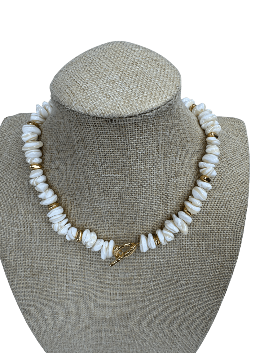 Jewells Cream 18kt Gold Plated Shell Beaded T - bar Necklace - Reliked