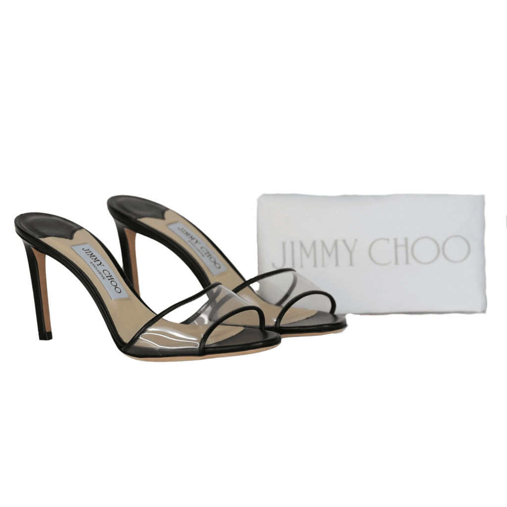 Jimmy Choo Black Stacey 85 Leather And Pvc Mules UK 5 EU 38 👠 - Reliked
