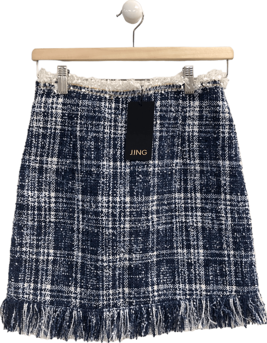 J.ING Navy Blue Tweed Mini Skirt UK S - Reliked