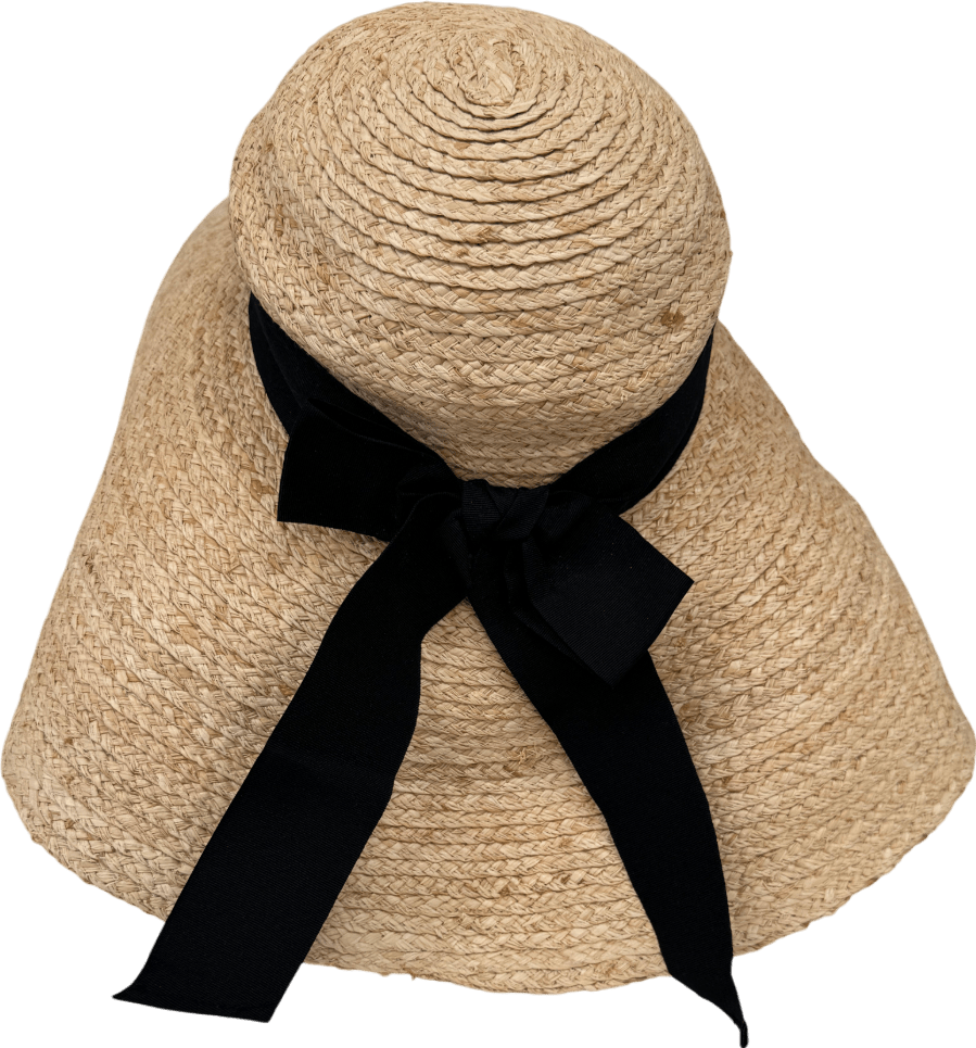 John Lewis Beige Large Straw Hat With Black Bow One Size - Reliked