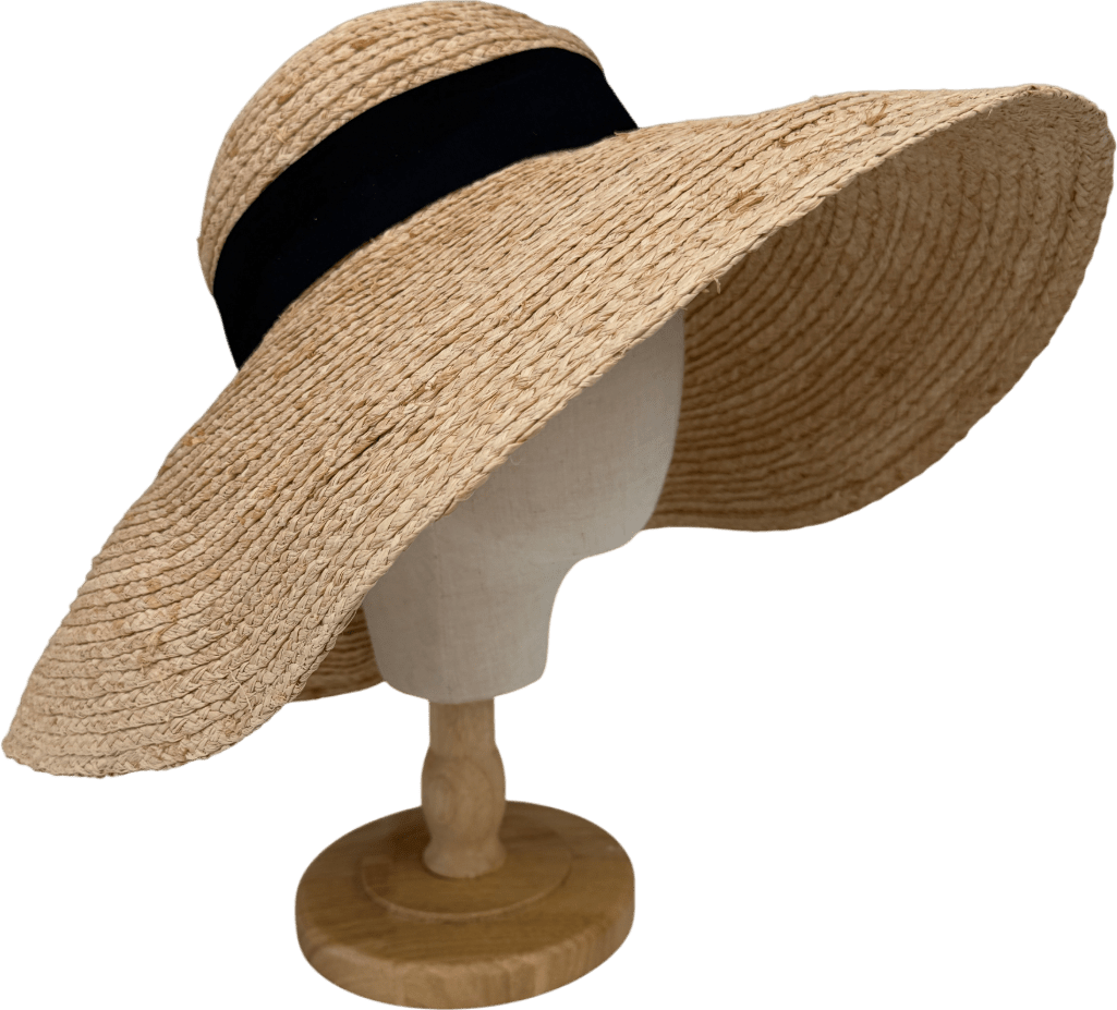 John Lewis Beige Large Straw Hat With Black Bow One Size - Reliked