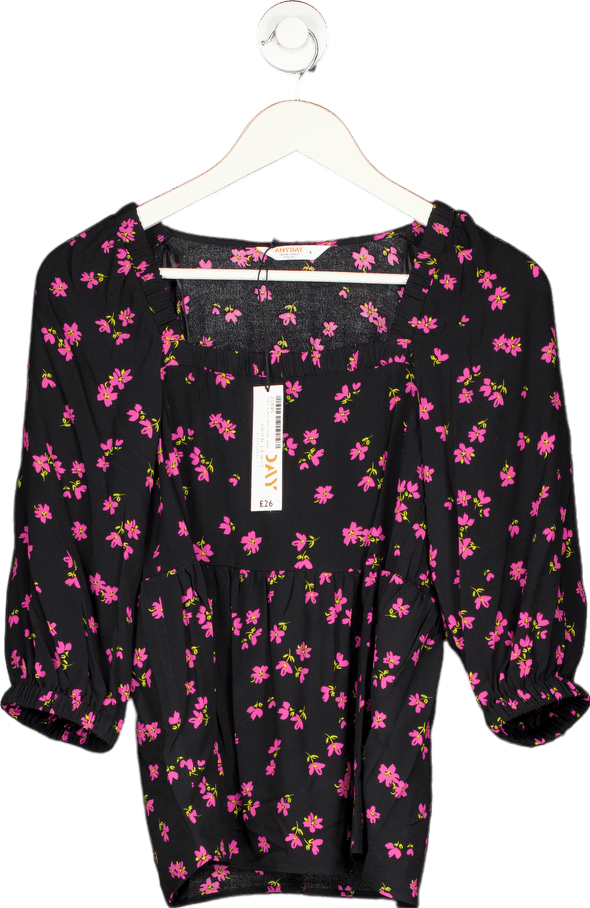 John Lewis Black Floral Smock Neck Blouse UK 6 - Reliked