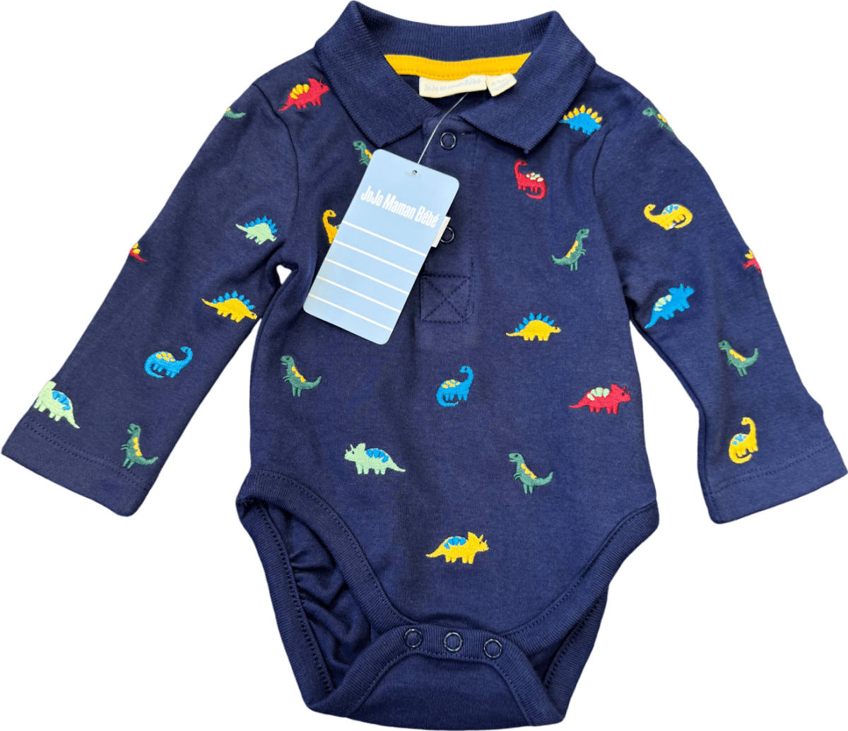 Jojo Maman Bebe Navy Blue Long Sleeve Dinosaur Embroidered Polo Shirtbodysuit 0 - 3 Months - Reliked
