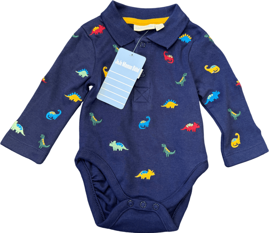 Jojo Maman Bebe Navy Blue Long Sleeve Dinosaur Embroidered Polo Shirtbodysuit 0 - 3 Months - Reliked