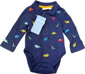 Jojo Maman Bebe Navy Blue Long Sleeve Dinosaur Embroidered Polo Shirtbodysuit 0-3 Months