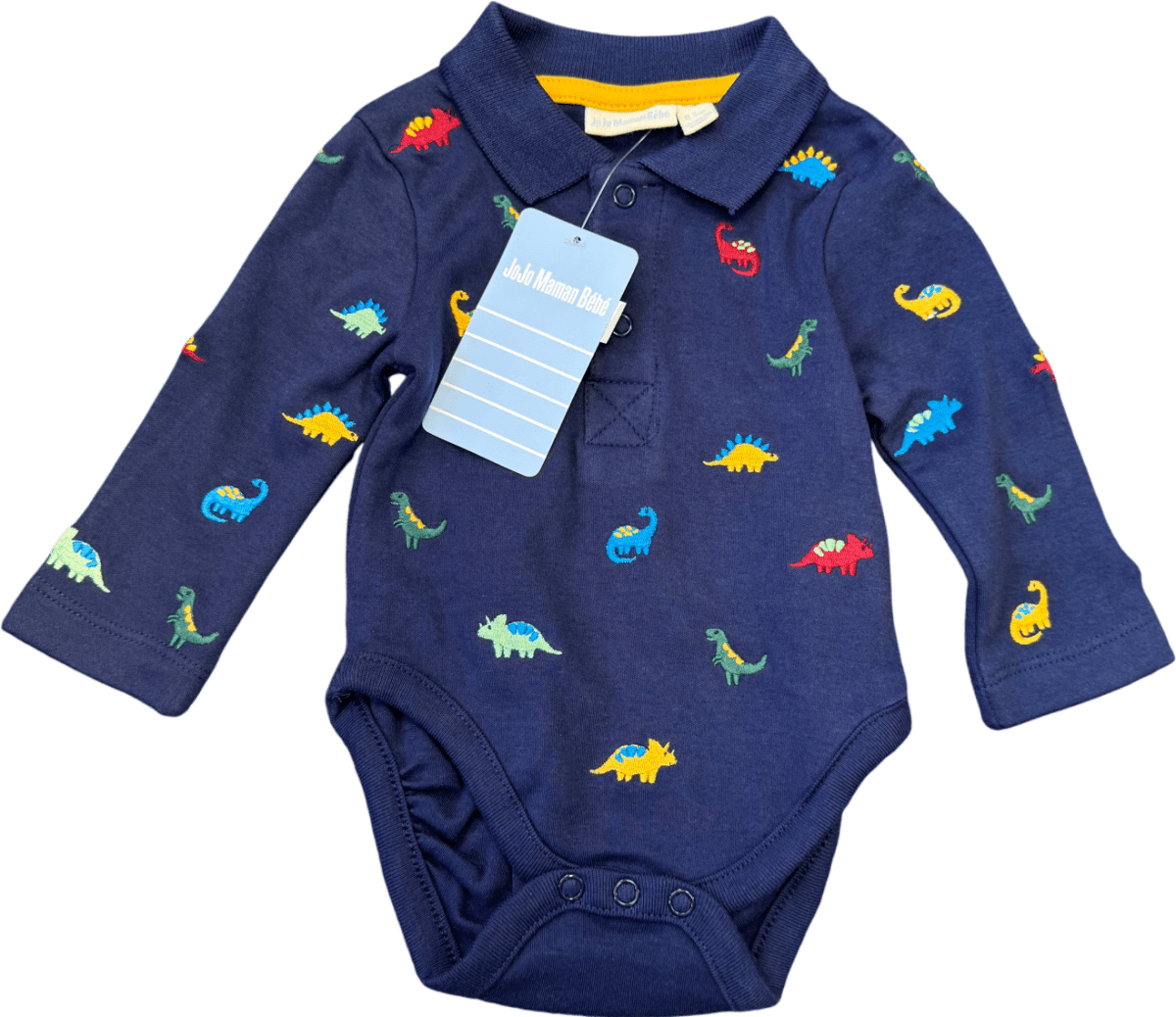 Jojo Maman Bebe Navy Blue Long Sleeve Dinosaur Embroidered Polo Shirtbodysuit 0 - 3 Months - Reliked
