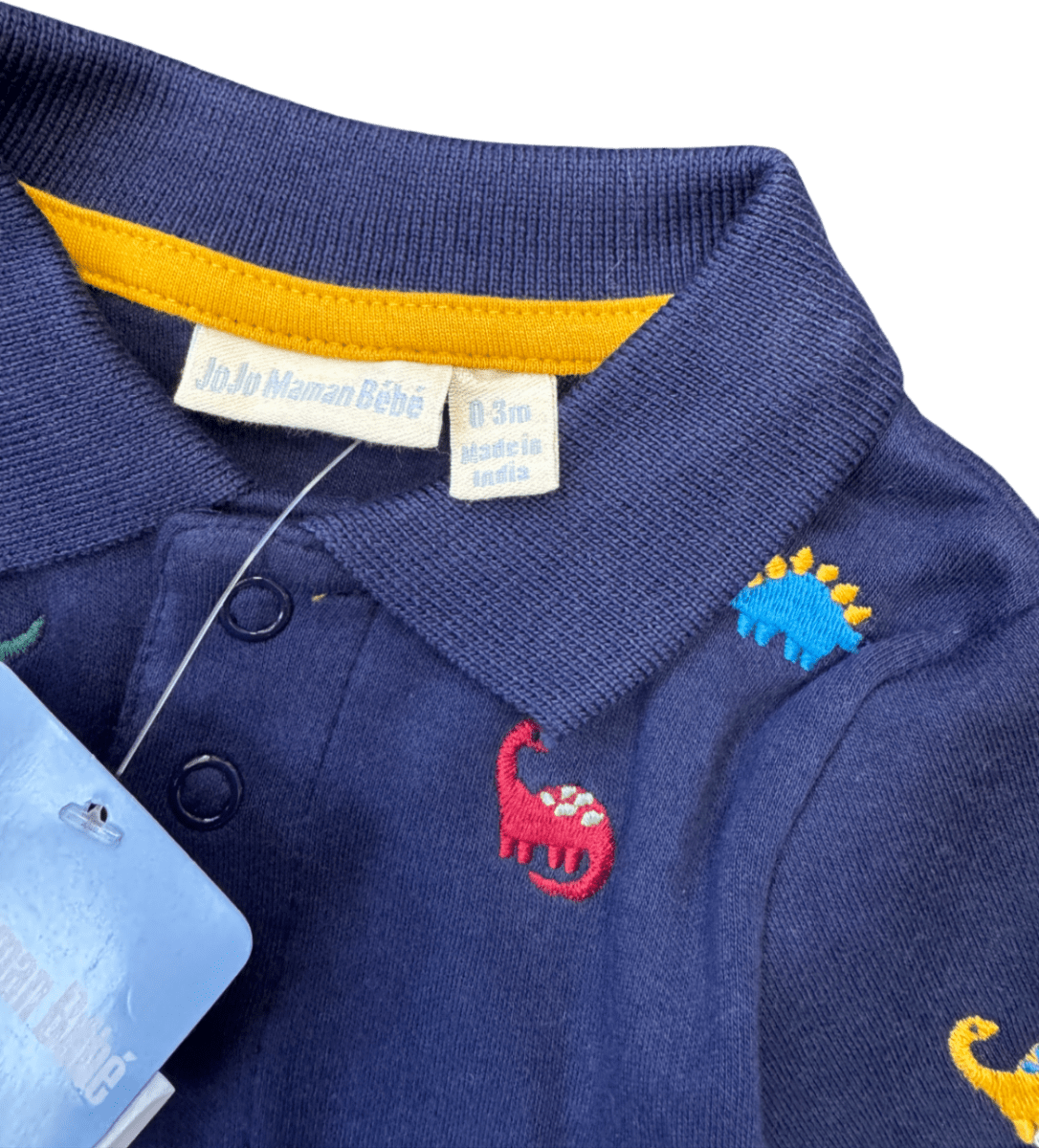 Jojo Maman Bebe Navy Blue Long Sleeve Dinosaur Embroidered Polo Shirtbodysuit 0 - 3 Months - Reliked
