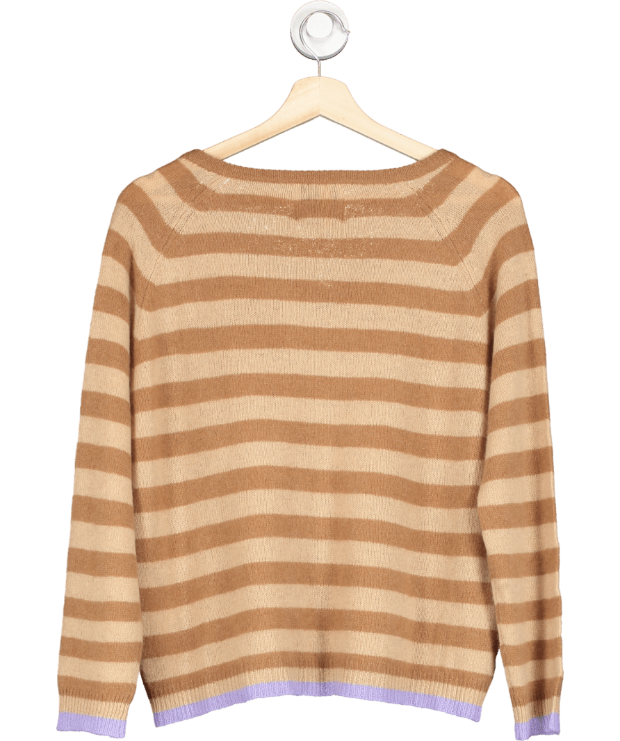 Jumper1234 Beige 100% Cashmere V - neck Striped Jumper Sz 2 UK 10 - Reliked