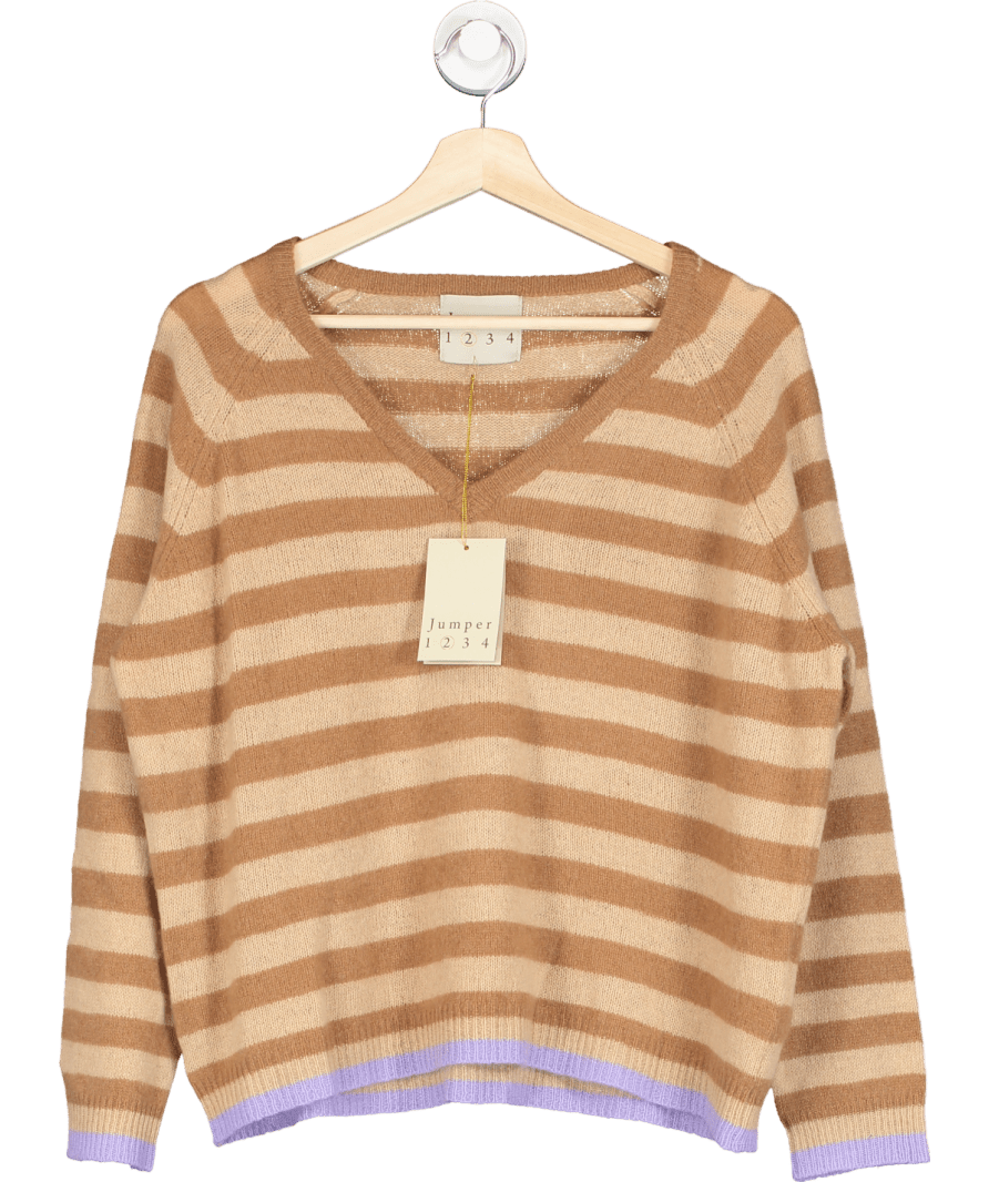 Jumper1234 Beige 100% Cashmere V - neck Striped Jumper Sz 2 UK 10 - Reliked