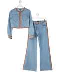 Karen Millen 2 - piece Blue Denim & Faux Leather Skinny Flare Jean And Cropped Jacket Set UK 10 - Reliked