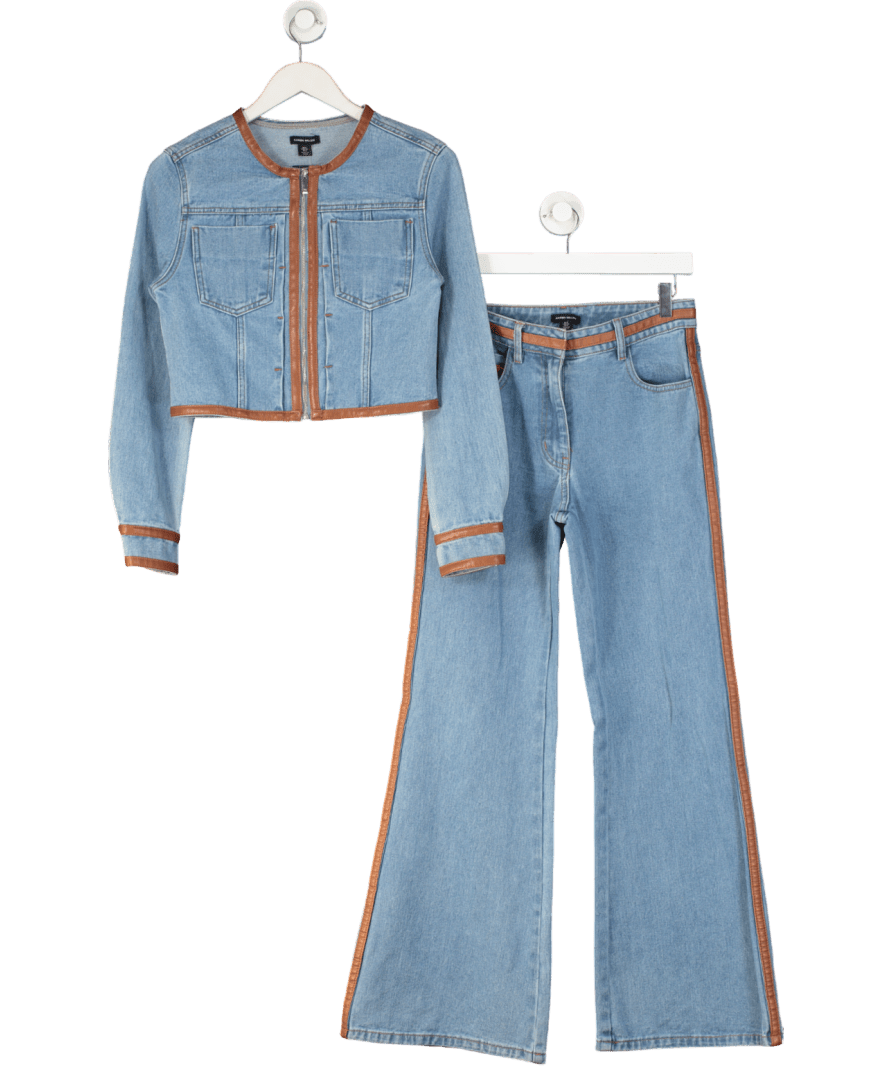 Karen Millen 2 - piece Blue Denim & Faux Leather Skinny Flare Jean And Cropped Jacket Set UK 10 - Reliked