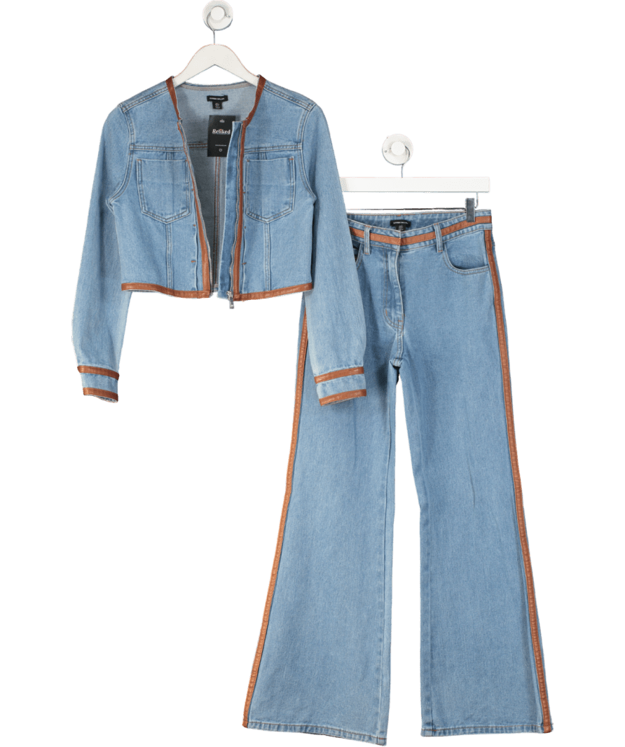 Karen Millen 2 - piece Blue Denim & Faux Leather Skinny Flare Jean And Cropped Jacket Set UK 10 - Reliked