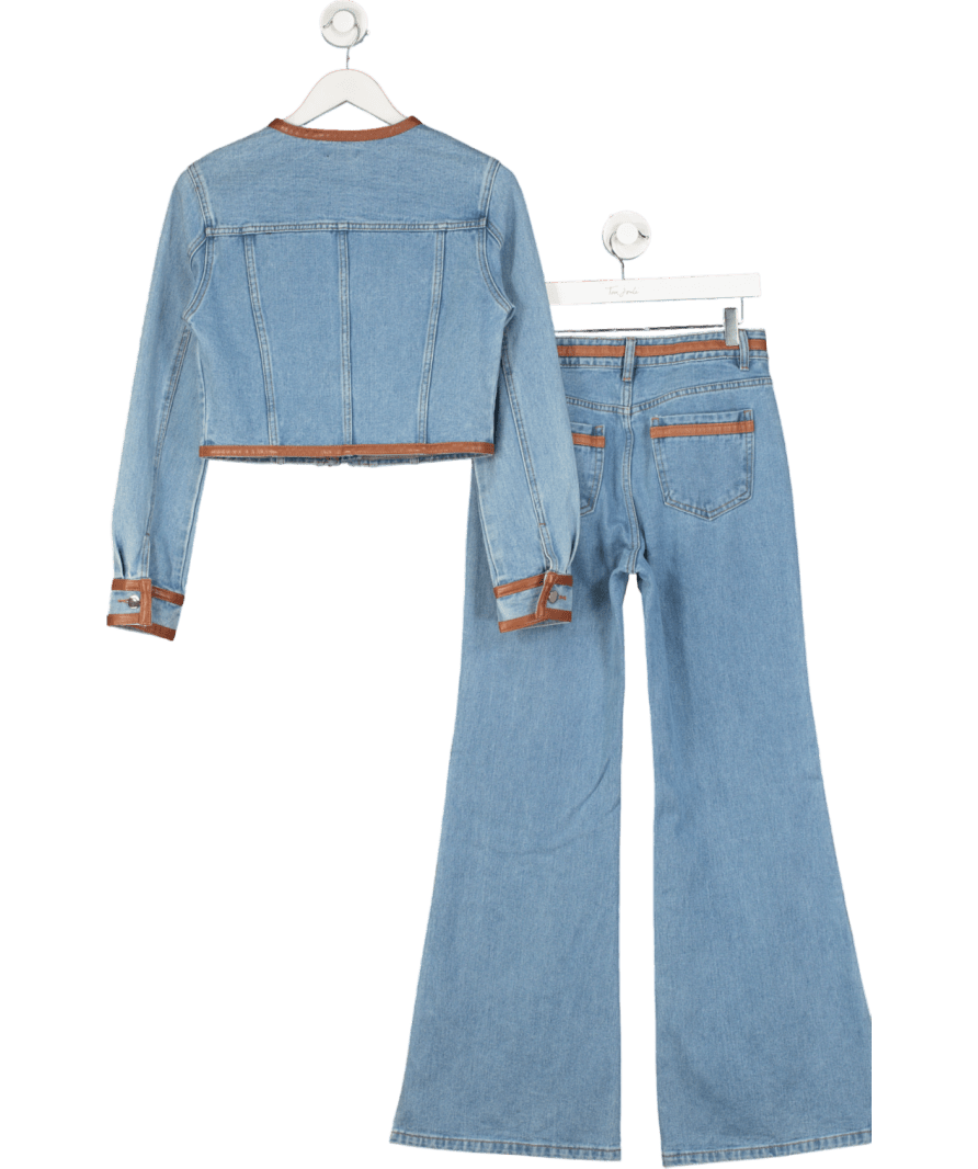 Karen Millen 2 - piece Blue Denim & Faux Leather Skinny Flare Jean And Cropped Jacket Set UK 10 - Reliked