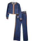 Karen Millen 2 - piece Blue Denim & Faux Leather Skinny Flare Jean And Cropped Jacket UK 10 - Reliked