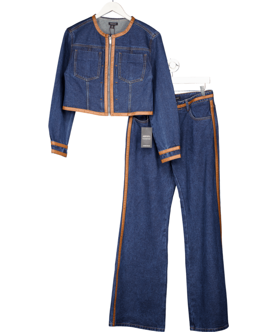 Karen Millen 2 - piece Blue Denim & Faux Leather Skinny Flare Jean And Cropped Jacket UK 10 - Reliked