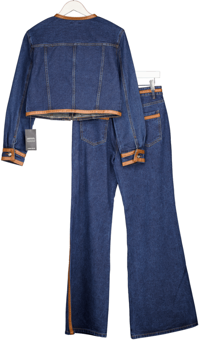 Karen Millen 2 - piece Blue Denim & Faux Leather Skinny Flare Jean And Cropped Jacket UK 10 - Reliked