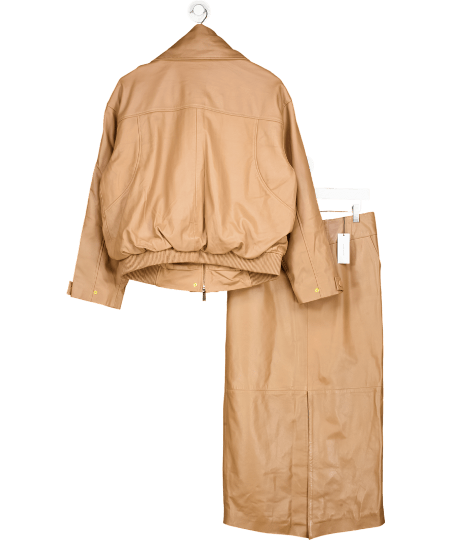 Karen Millen Beige Leather High Neck Blouson Bomber Jacket And Tailored Leather Skirt UK 10 - Reliked
