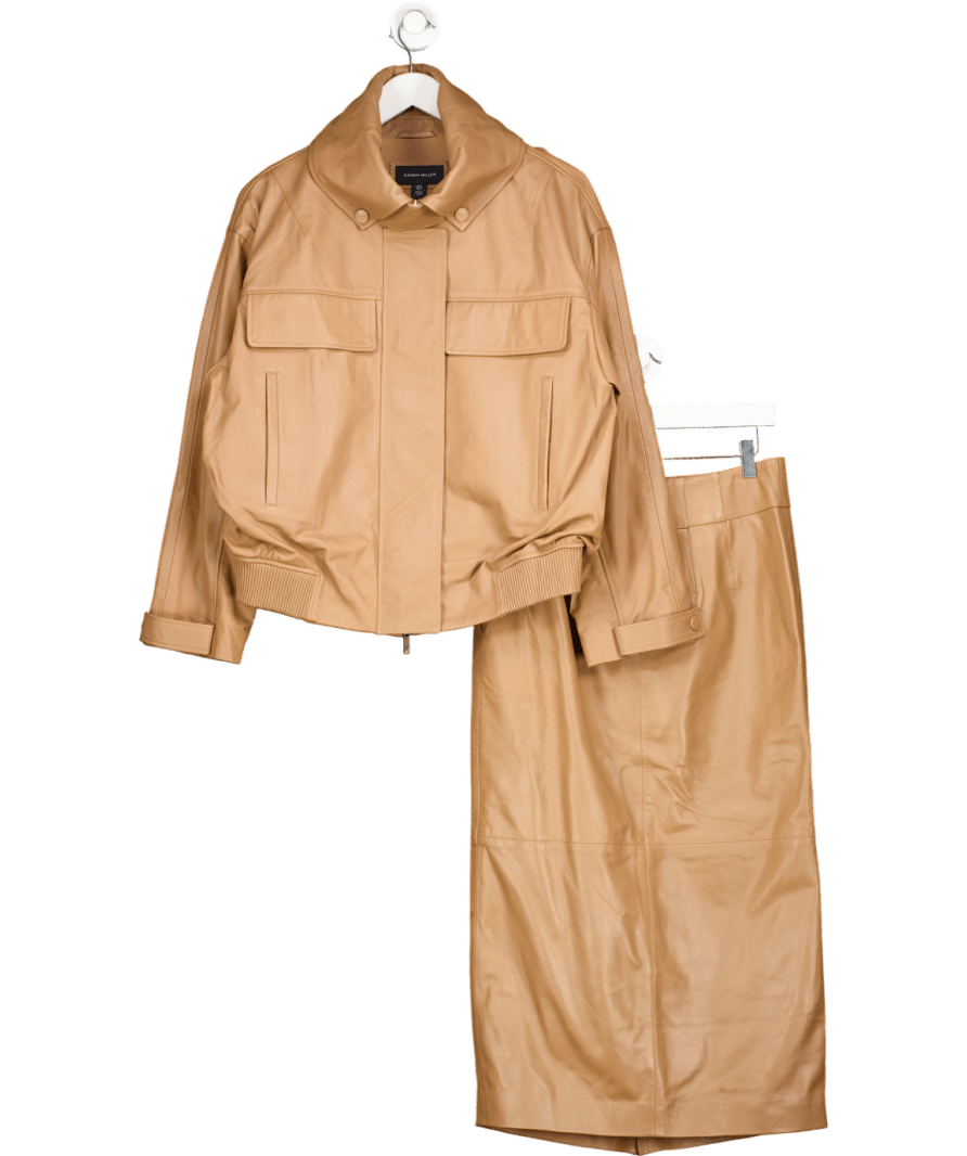 Karen Millen Beige Leather High Neck Blouson Bomber Jacket And Tailored Leather Skirt UK 10 - Reliked