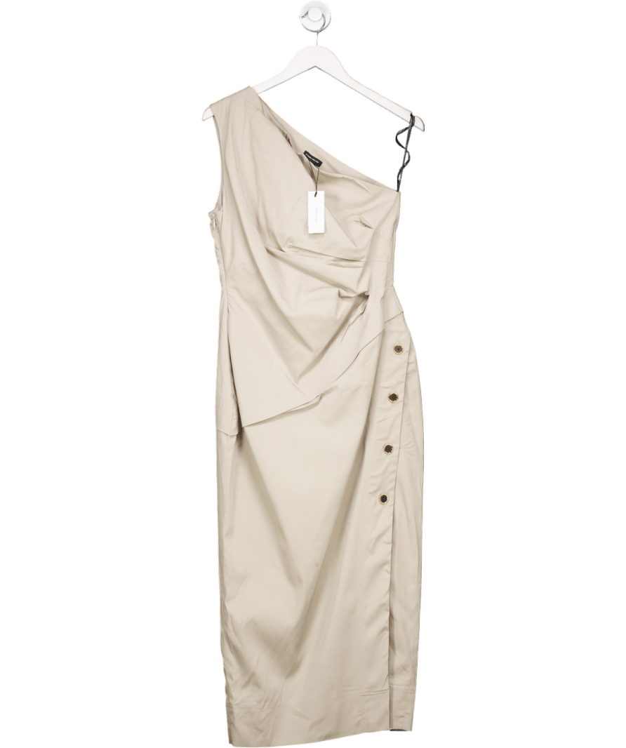 Karen Millen Beige Tailored Polished Cotton Asymmetric Drape Pencil Dress UK 10 - Reliked