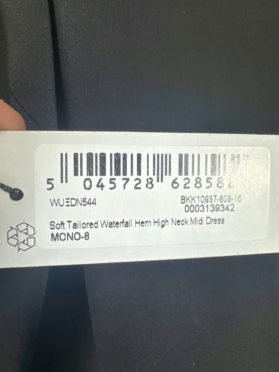 Karen Millen Black and White Soft Tailored Waterfall Hem High Neck Midi Dress Size UK 8 - Reliked