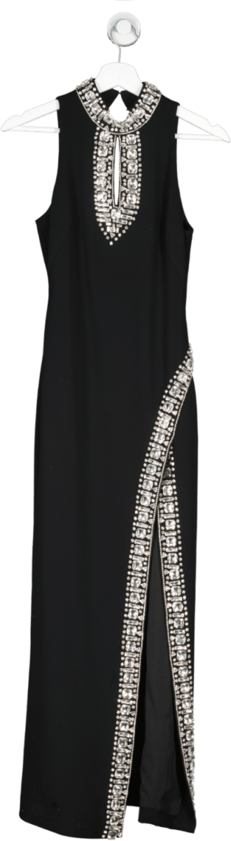 Karen Millen Black Crystal Embellished Woven Thigh Split Midi Dress UK 6 - Reliked