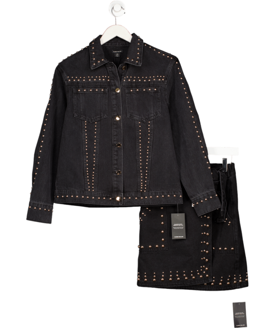 Karen Millen Black Denim Studded Jacket And Skirt Set UK 6 - Reliked