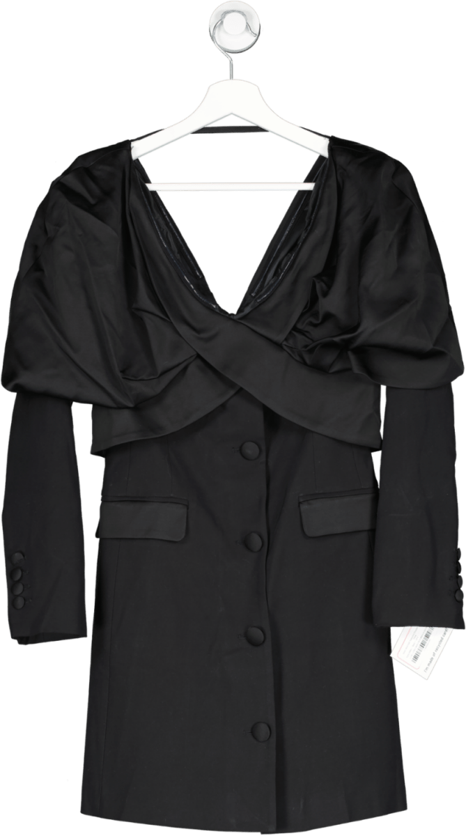 Karen Millen Black Italian Wool Satin Statement Shoulder Tailored Mini Dress UK 8 - Reliked