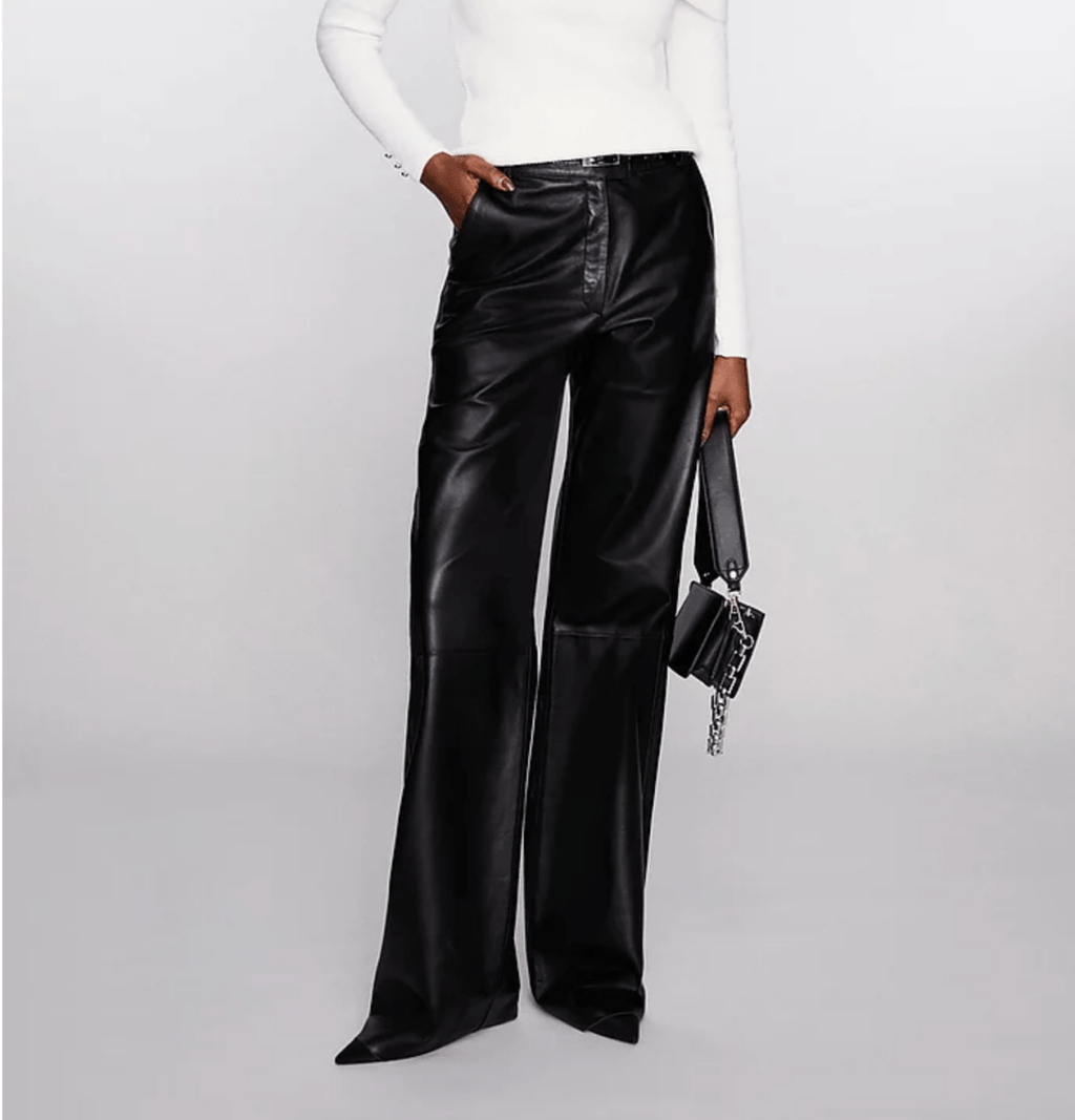 Karen Millen Black Petite Leather Clean Wide Leg Trousers UK 4 - Reliked