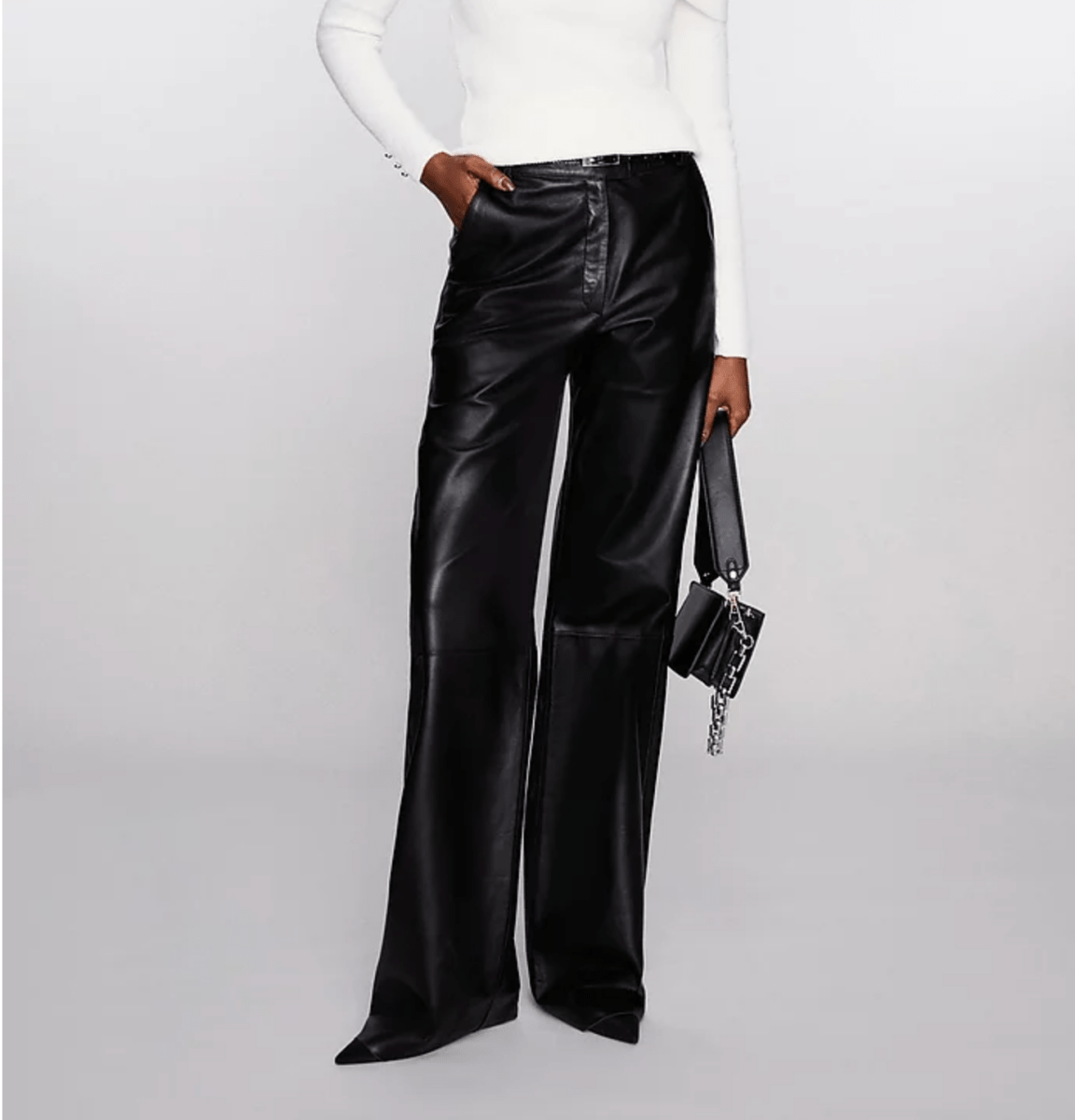 Karen Millen Black Petite Leather Clean Wide Leg Trousers UK 4 - Reliked