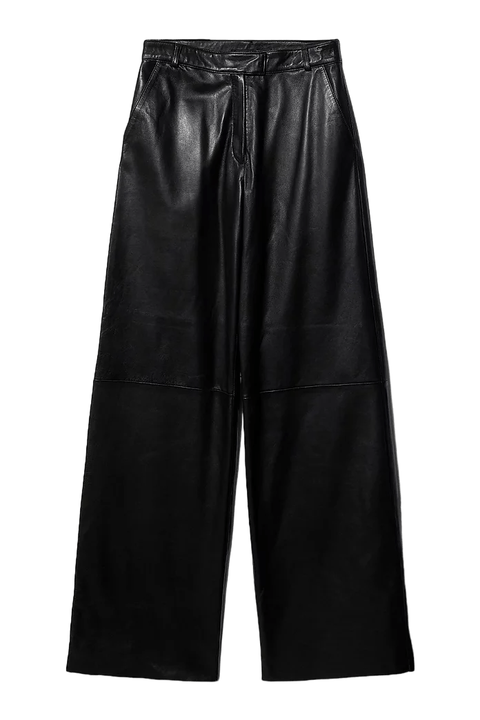 Karen Millen Black Petite Leather Clean Wide Leg Trousers UK 4 - Reliked