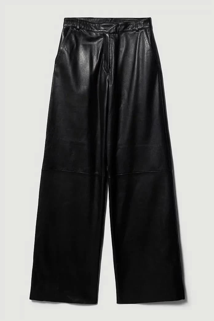Karen Millen Black Petite Leather Clean Wide Leg Trousers UK 4 - Reliked