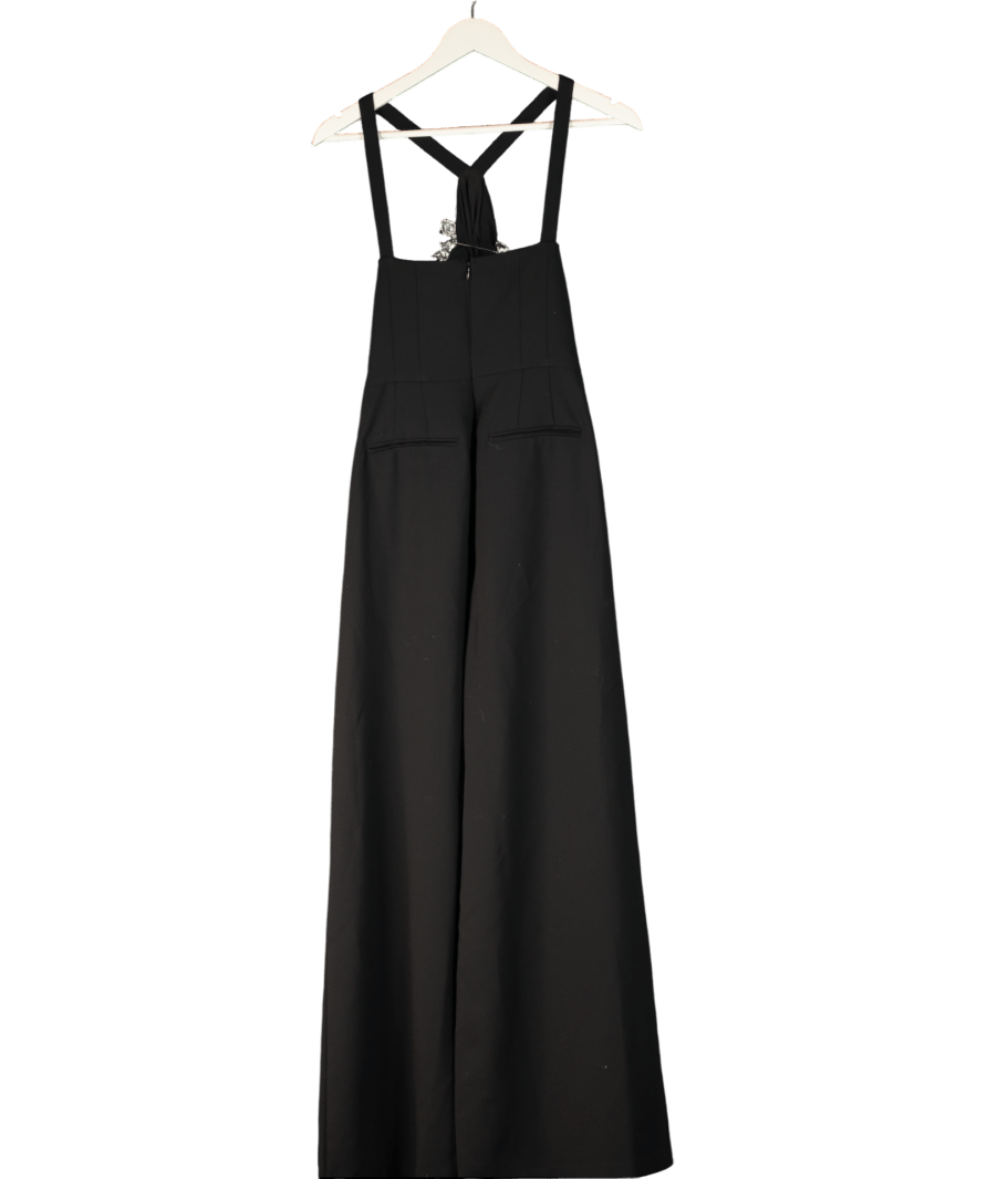 Karen Millen Black Stretch Viscose Crystal Embellished Rosette Straight Leg Tailored Jumpsuit UK 8 - Reliked