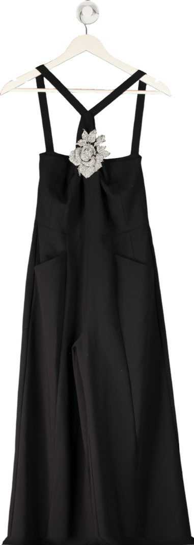 Karen Millen Black Stretch Viscose Crystal Embellished Rosette Straight Leg Tailored Jumpsuit UK 8 - Reliked