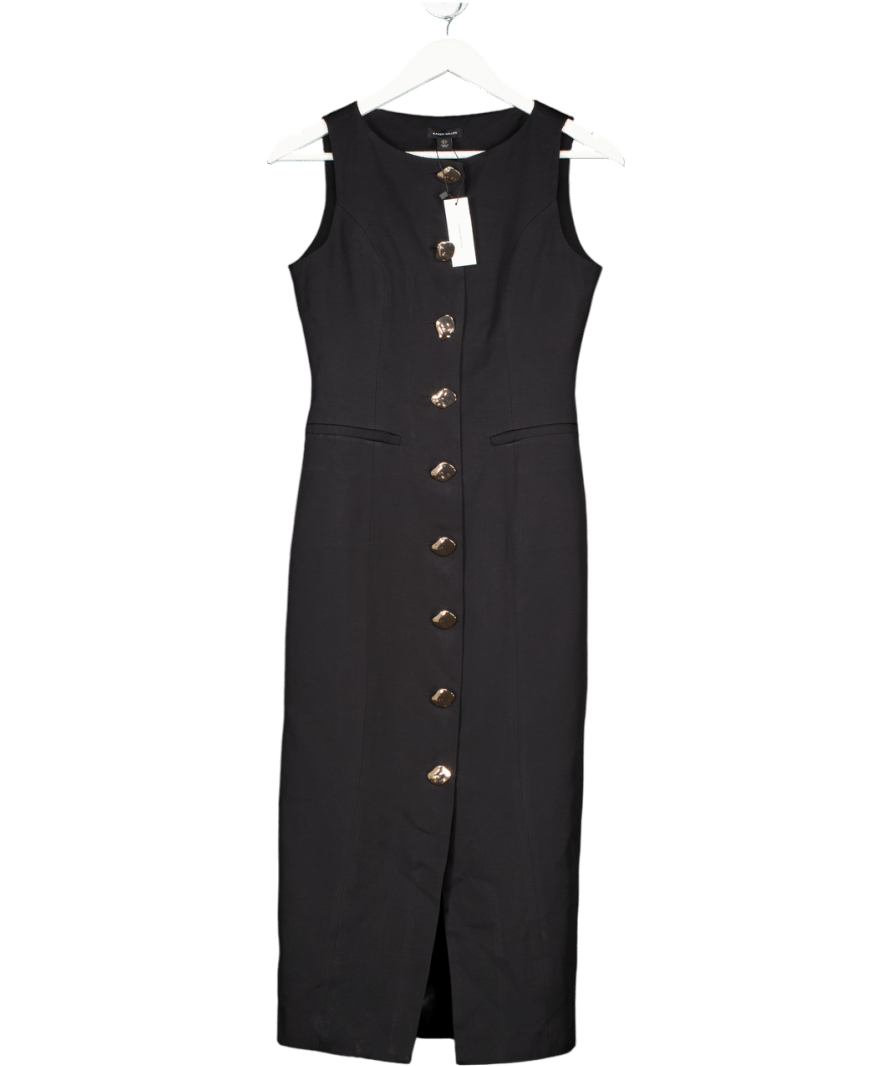 Karen Millen Black Viscose Linen Tailored Button Pencil Midi Dress UK 6 - Reliked
