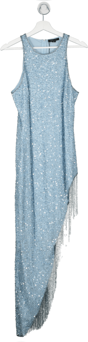 Karen Millen Blue Asymmetric Hem Fringe Hater Midi Dress UK 16 - Reliked