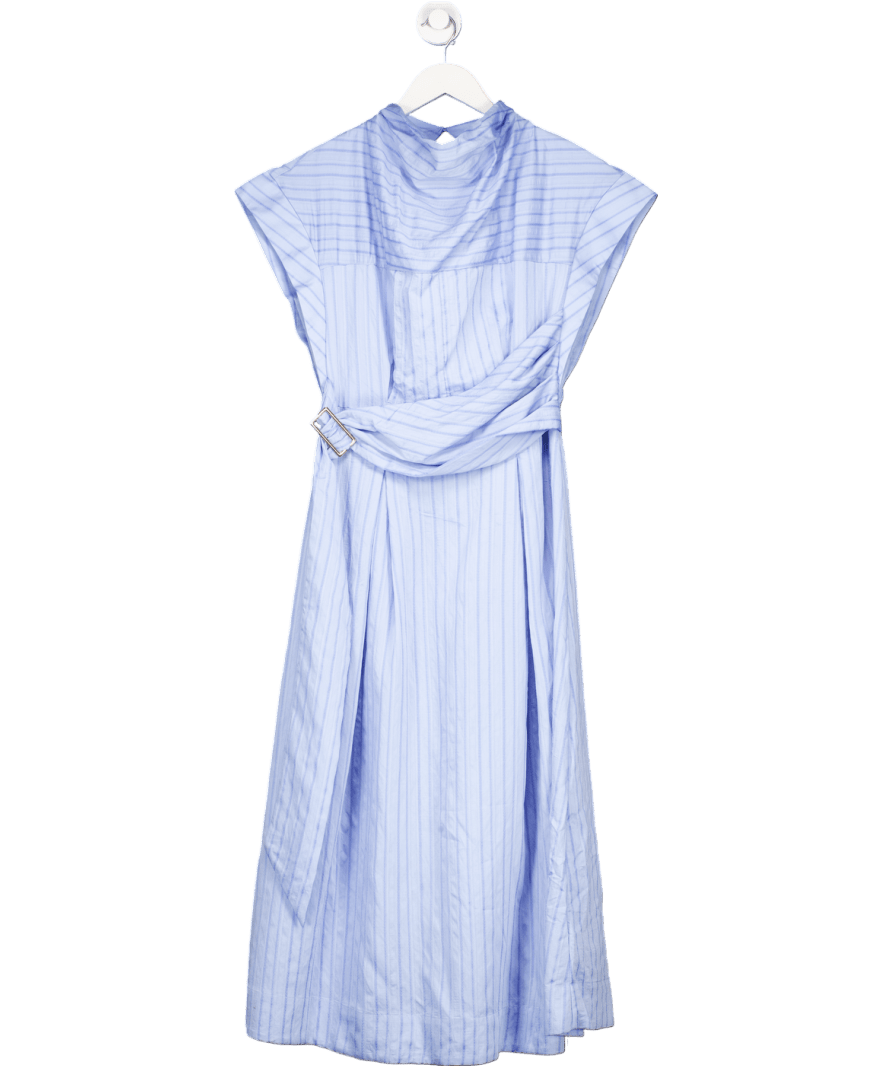Karen Millen Blue Cotton Stripe High Neck Belted Woven Midi Shirt Dress UK 10 - Reliked