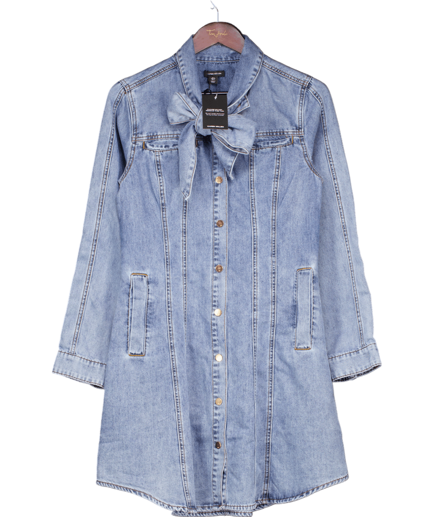 Karen Millen Blue Denim Pussy Bow Shirt Dress UK 6 - Reliked