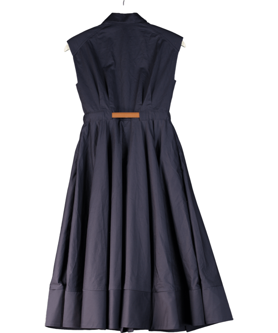 Karen Millen Blue Navy Bllue Tailored Cotton Belted Collared Full Midi Dress UK 10 - Reliked