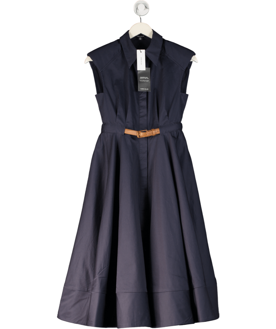 Karen Millen Blue Navy Bllue Tailored Cotton Belted Collared Full Midi Dress UK 10 - Reliked