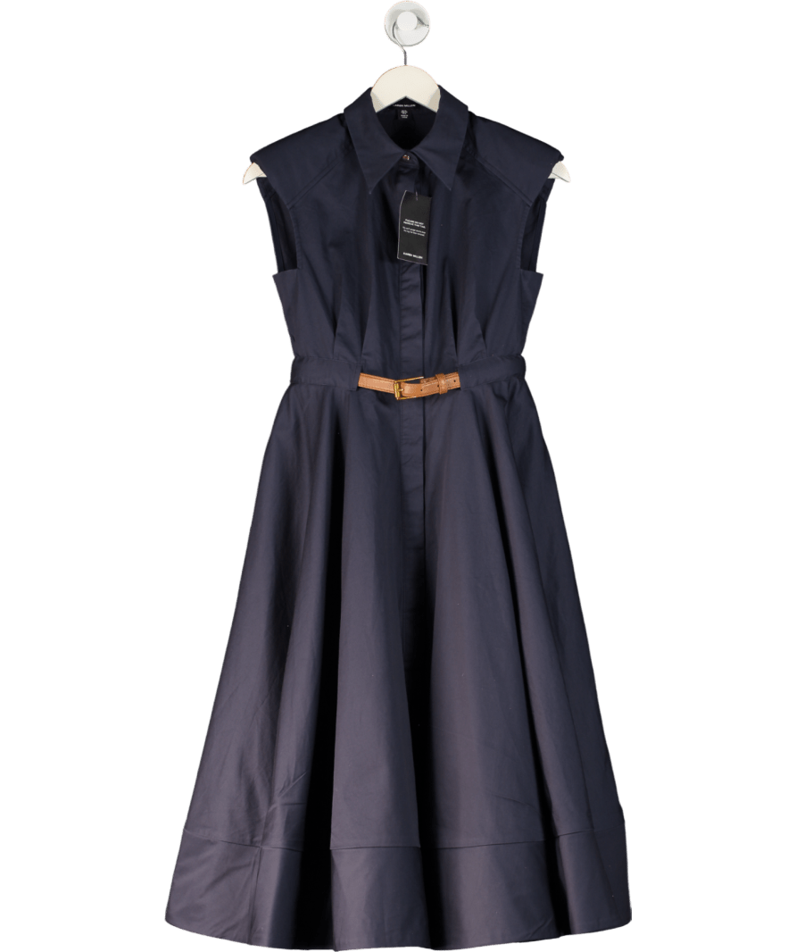 Karen Millen Blue Navy Bllue Tailored Cotton Belted Collared Full Midi Dress UK 10 - Reliked