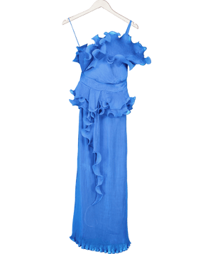 Karen Millen Blue Ophelia Crinkle Georgette Fine Pleated Strapless Woven Midi Dress UK 6