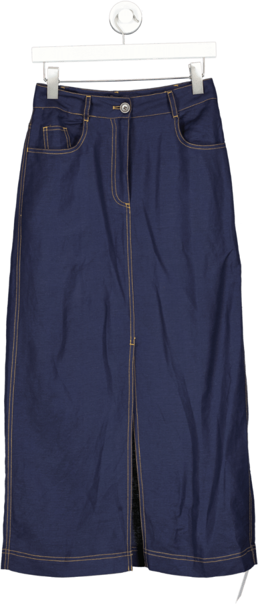 Karen Millen Blue Topstitch Viscose Linen Split Front Skirt UK 6 - Reliked