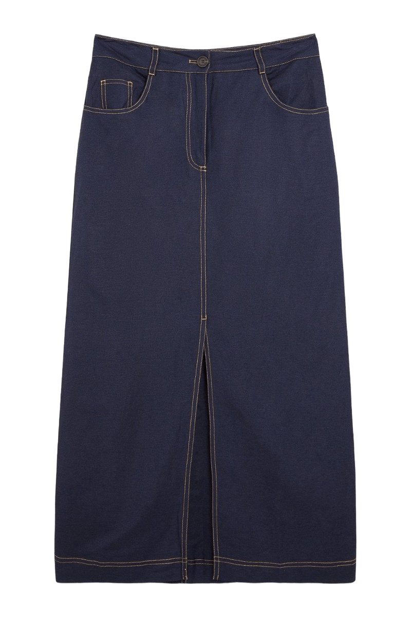 Karen Millen Blue Topstitch Viscose Linen Split Front Skirt UK 6 - Reliked