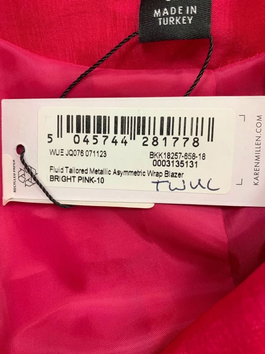 Karen Millen Bright Pink Fluid Tailored Metallic Asymmetric Wrap Blazer UK 10 - Reliked